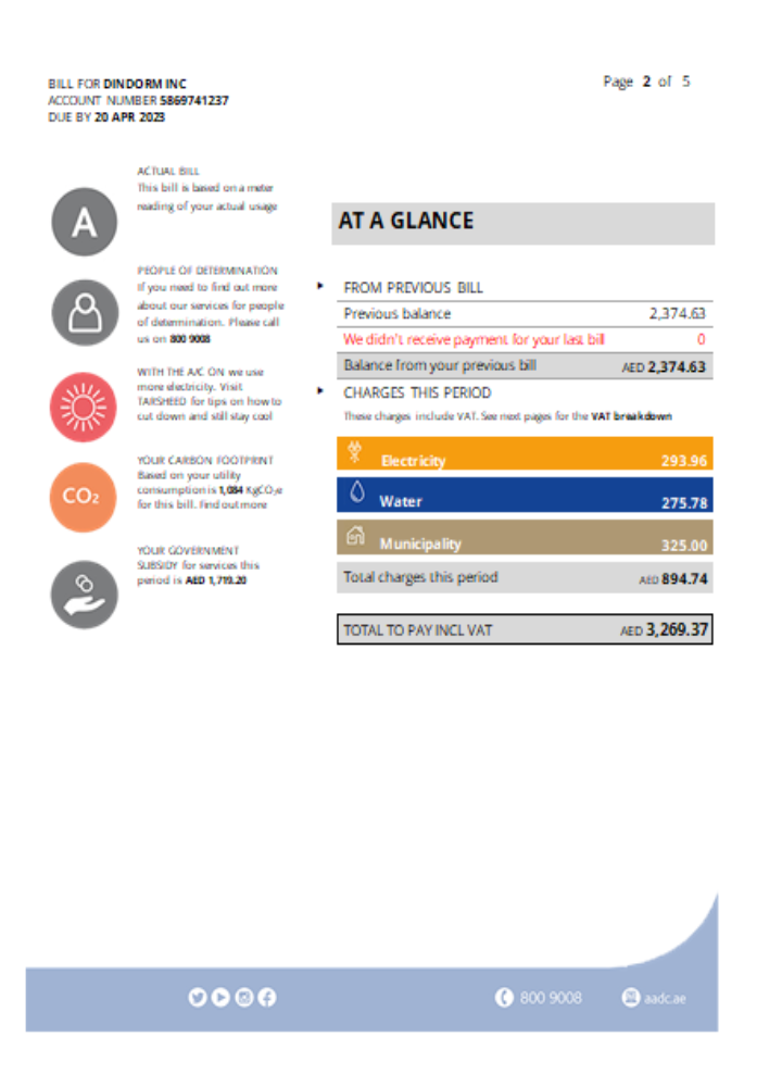 Al Ain Distribution Company utility business bill, page 2, SCR PSD template